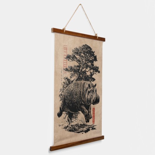 Hippo en Bonsai boom | Wabi Sabi Japandi Art Hangend Wandkleed (Gebogen)