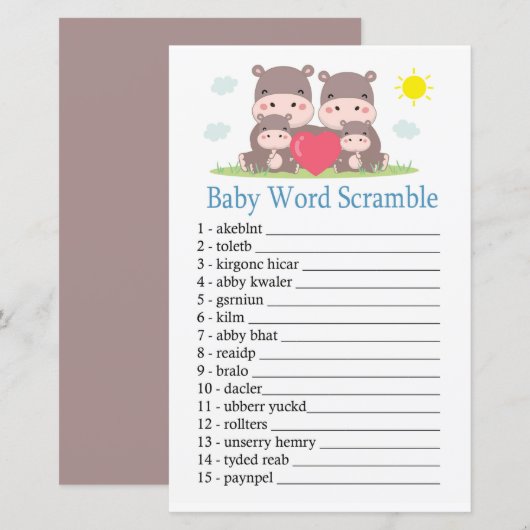 Hippo familie Baby word scramble game (Voorkant / Achterkant)