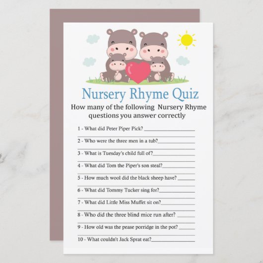 Hippo familie Nursery Rhyme Quiz baby shower game (Voorkant / Achterkant)