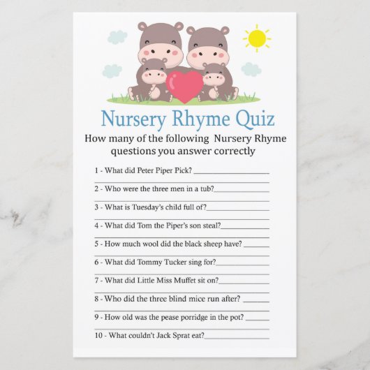 Hippo familie Nursery Rhyme Quiz baby shower game (Voorkant)