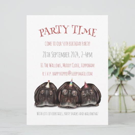 Hippo gepersonaliseerde feestuitnodiging kaart (Staand voorkant)