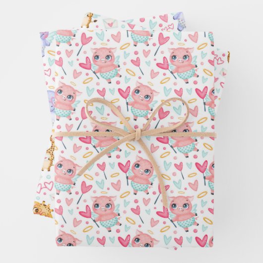 Hippo Giraffe Pig Love Wrapping Paper Set of 3 (In situ)