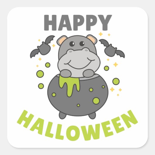 Hippo Happy Halloween Cauldron Bat Square Sticker (Voorkant)