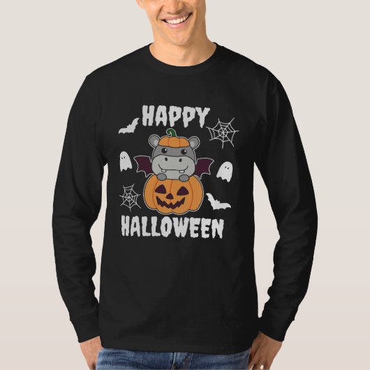 Hippo Happy Halloween Pumpkin Bat Hippos Halloween T-shirt (Voorkant)