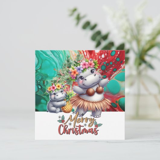 Hippo Hawaii kerstgroet Feestdagenkaart (Staand voorkant)