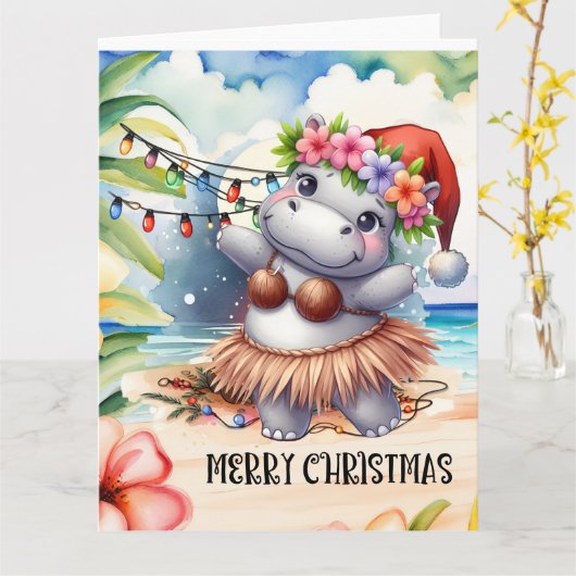 Hippo Hawaii kerstgroet Kaart (Gele Bloem)