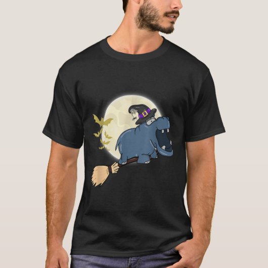 Hippo heks rijden bezem grappig Halloween dier T-shirt (Voorkant)