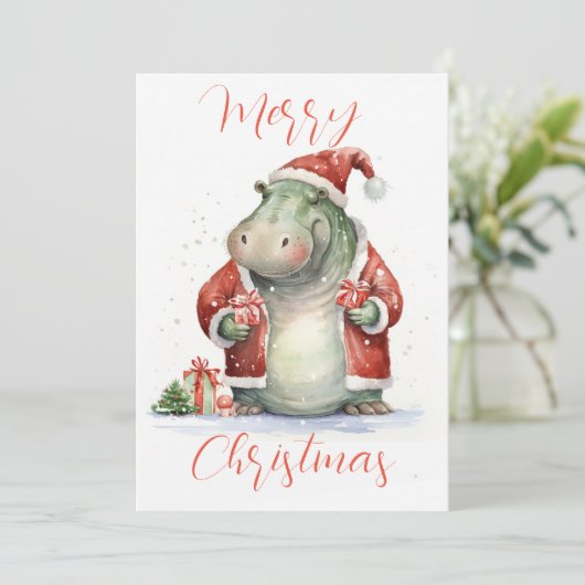 Hippo Hooray Vakantie Kerstmis Kaart (Staand voorkant)