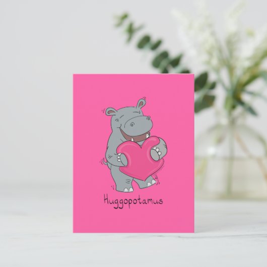 Hippo Hugs Valentijn Day Briefkaart Roze (Staand voorkant)