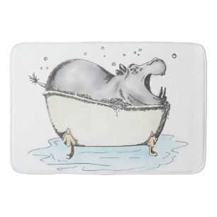 Hippo in Bath Fun Illustration Waterverf Badmat
