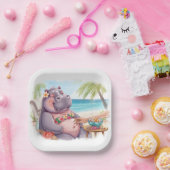 Hippo in bikini relax by the beach  papieren bordje (Feest)