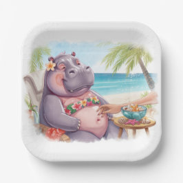 Hippo in bikini relax by the beach papieren bordje