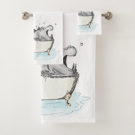 Hippo in de Bath Fun Illustration Waterverf Bad Handdoek (Insitu)