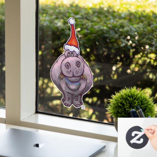 Hippo in een Santa Hat kerstvensterbank Raamsticker (Kantoor)