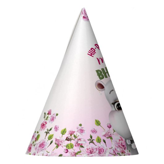Hippo in parels roze bloemen meisje verjaardag feesthoedjes (Links)