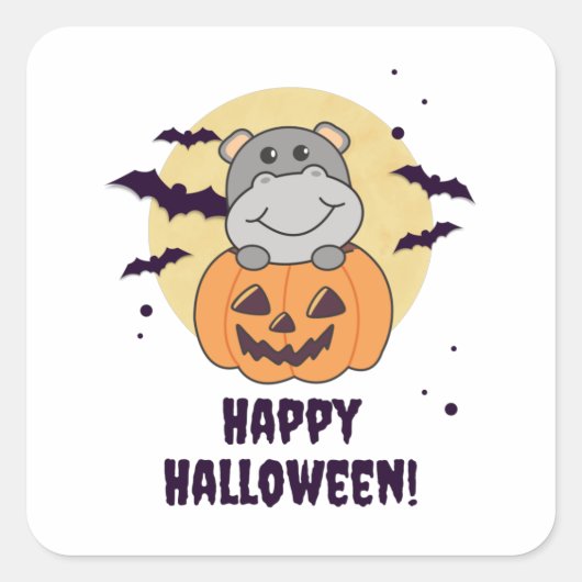Hippo in Pumpkin Sweet Hippos Happy Halloween Vierkante Sticker (Voorkant)