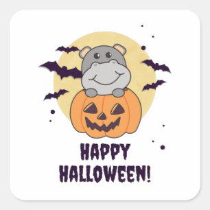 Hippo in Pumpkin Sweet Hippos Happy Halloween Vierkante Sticker