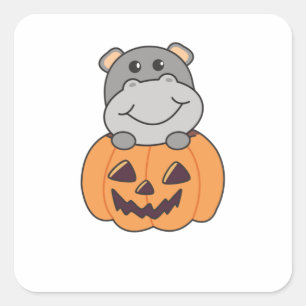 Hippo in Pumpkin Sweet Hippos Happy Halloween Vierkante Sticker