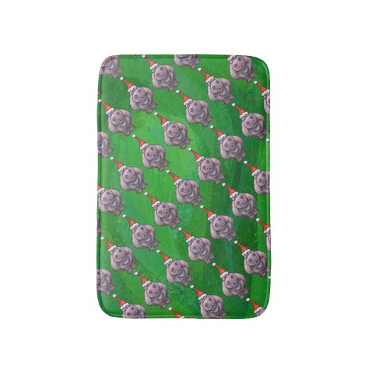 Hippo in Santa Hat Pattern over Groen Badmat (Voorkant Verticaal)