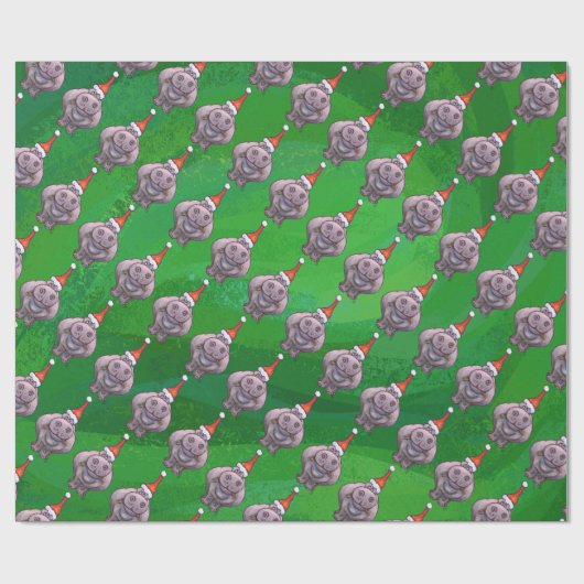 Hippo in Santa Hat Pattern over Groen Cadeaupapier (Vlak)