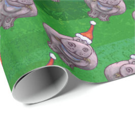 Hippo in Santa Hat Pattern over Groen Cadeaupapier