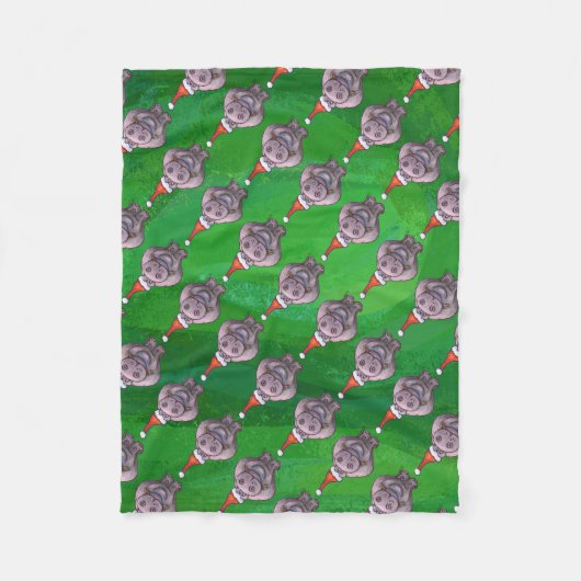 Hippo in Santa Hat Pattern over Groen Fleece Deken (Voorkant)