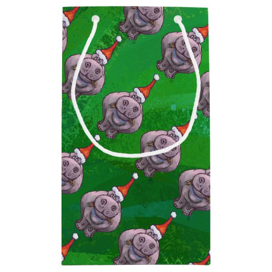 Hippo in Santa Hat Pattern over Groen Klein Cadeauzakje (Achterkant)