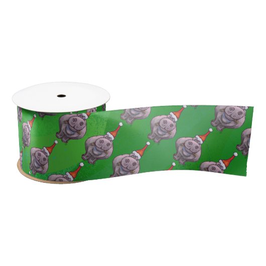 Hippo in Santa Hat Pattern over Groen Satijnen Lint (Spoel)