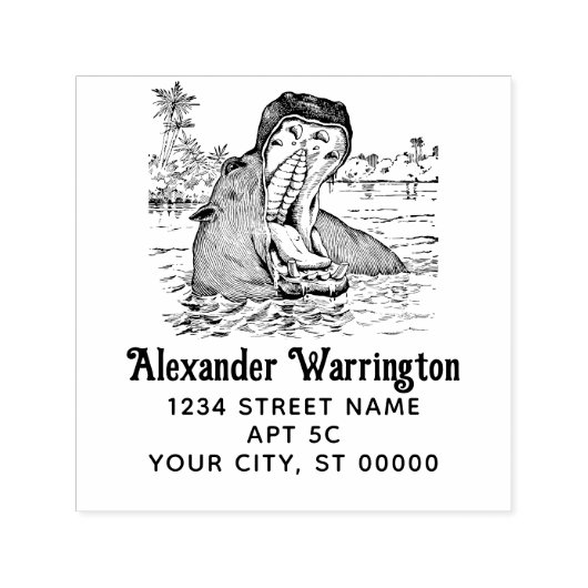 Hippo in Water Jaws Brede Open Naam Terugkeeradres Zelfinktende Stempel (Design)