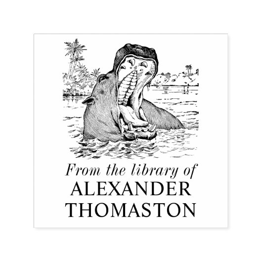 Hippo in Water Jaws Wide Open Bibliotheek Boeknaam Zelfinktende Stempel (Design)