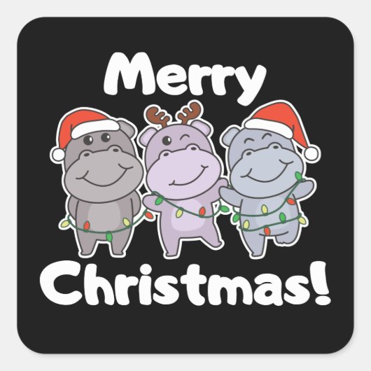 Hippo Kerstdieren Cute Hippos Merry Square S Vierkante Sticker (Voorkant)