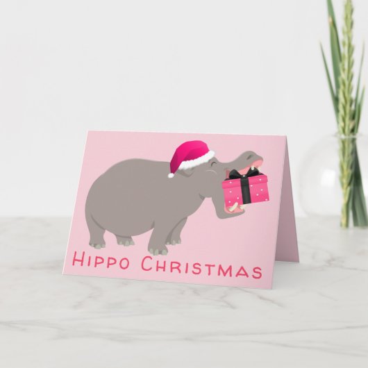 Hippo Kerstmis in roze Feestdagen Kaart (Voorkant)