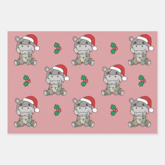 Hippo Kerstmis Winter Dieren Vakantie Nijlpaarden Inpakpapier Vel (Voorkant 3)