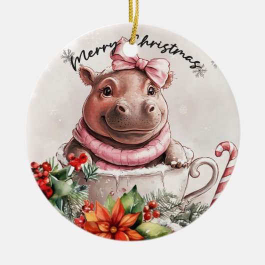 Hippo kerstthema keramisch ornament (Voorkant)