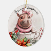 Hippo kerstthema keramisch ornament (Links)