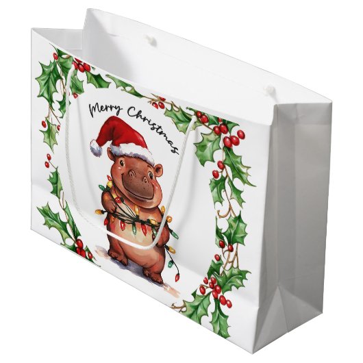 Hippo kerstthema voor Dierenvrienden Groot Cadeauzakje (Voorkant Gekanteld)