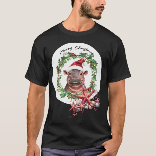 Hippo kerstthema voor Dierenvrienden T-shirt (Voorkant)