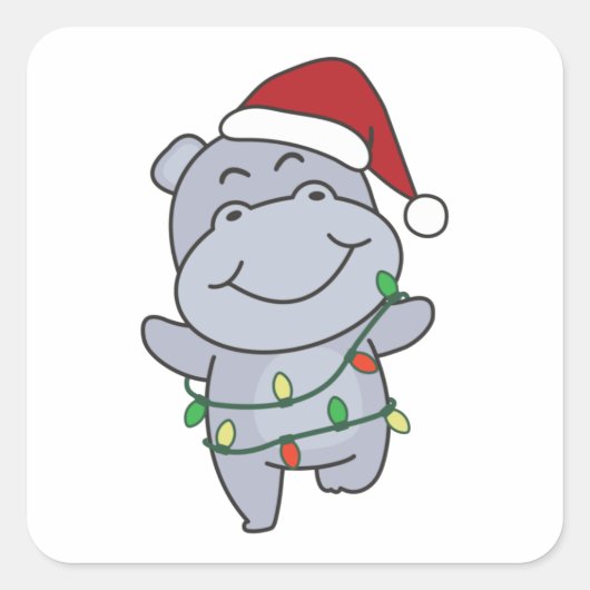 Hippo Kerstwinterdieren Hippos Square Stick Vierkante Sticker (Voorkant)