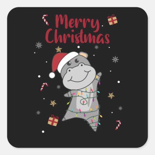 Hippo Merry Christmas Winter Animals Hippos Vierkante Sticker (Voorkant)