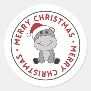 Hippo Merry Winter Animals Hippos Classi Ronde Sticker