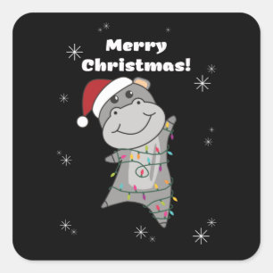 Hippo Merry Winter Animals Hippos Vierkante Sticker
