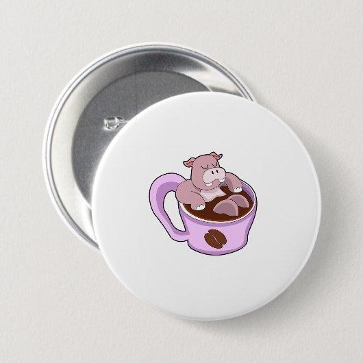 Hippo met beker koffie ronde button 7,6 cm (Voorkant /achterkant)