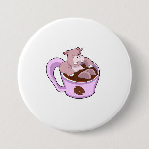 Hippo met beker koffie ronde button 7,6 cm