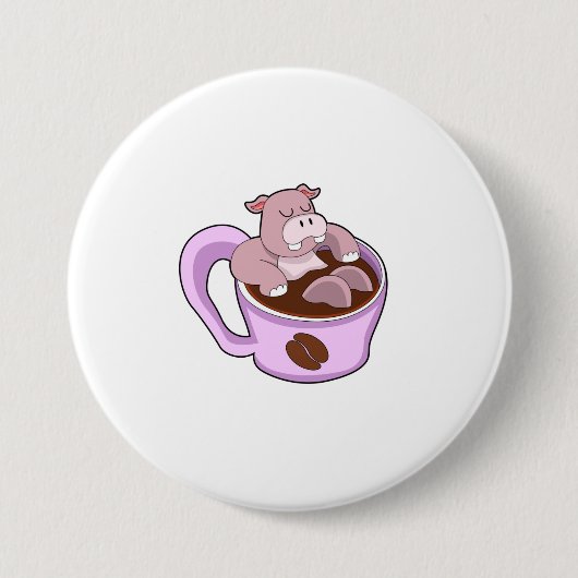 Hippo met beker koffie ronde button 7,6 cm (Voorkant)