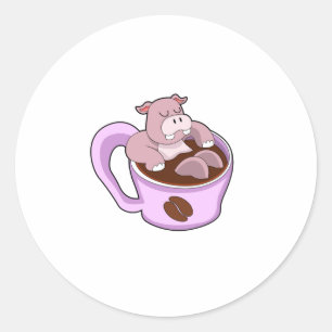 Hippo met beker koffie ronde sticker