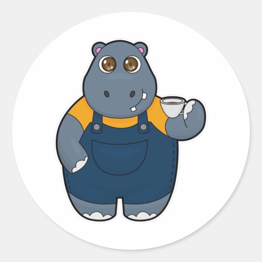 Hippo met beker koffie ronde sticker (Voorkant)