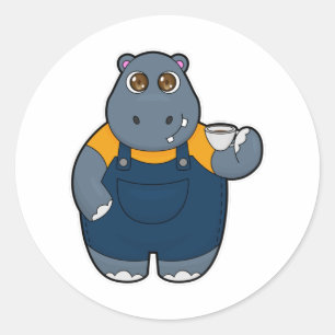 Hippo met beker koffie ronde sticker