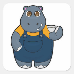 Hippo met beker koffie vierkante sticker