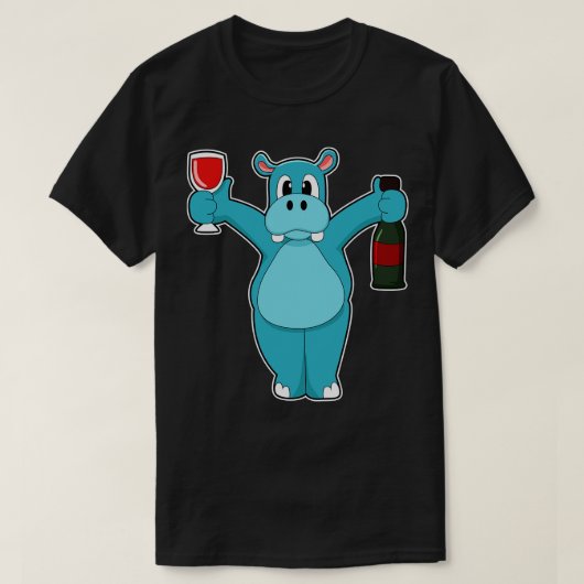 Hippo met Glas van Wijnfles Wijn T-shirt (Design voorkant)