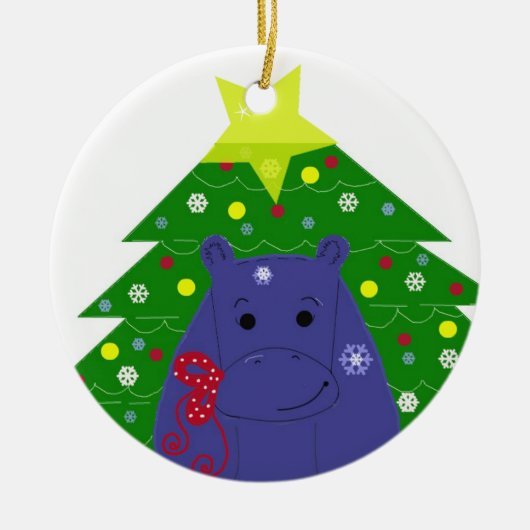 Hippo met kerstboom keramisch ornament (Voorkant)